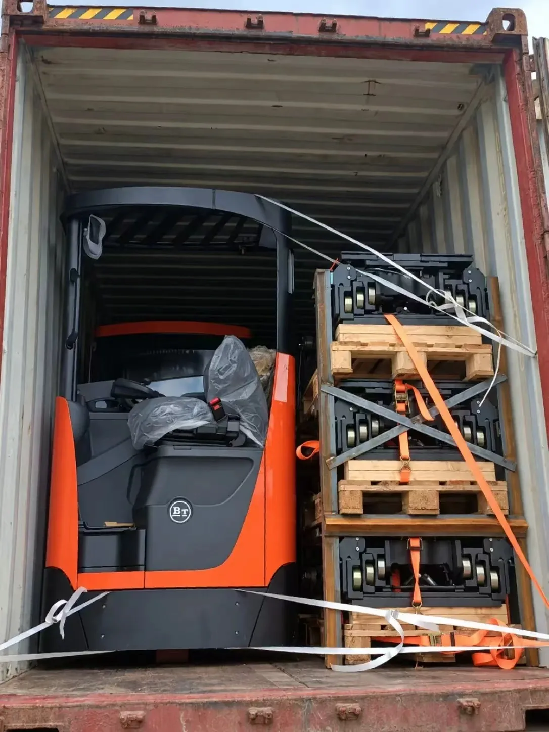 SECURED LOAD, Forklift and attachments secured for shipment.